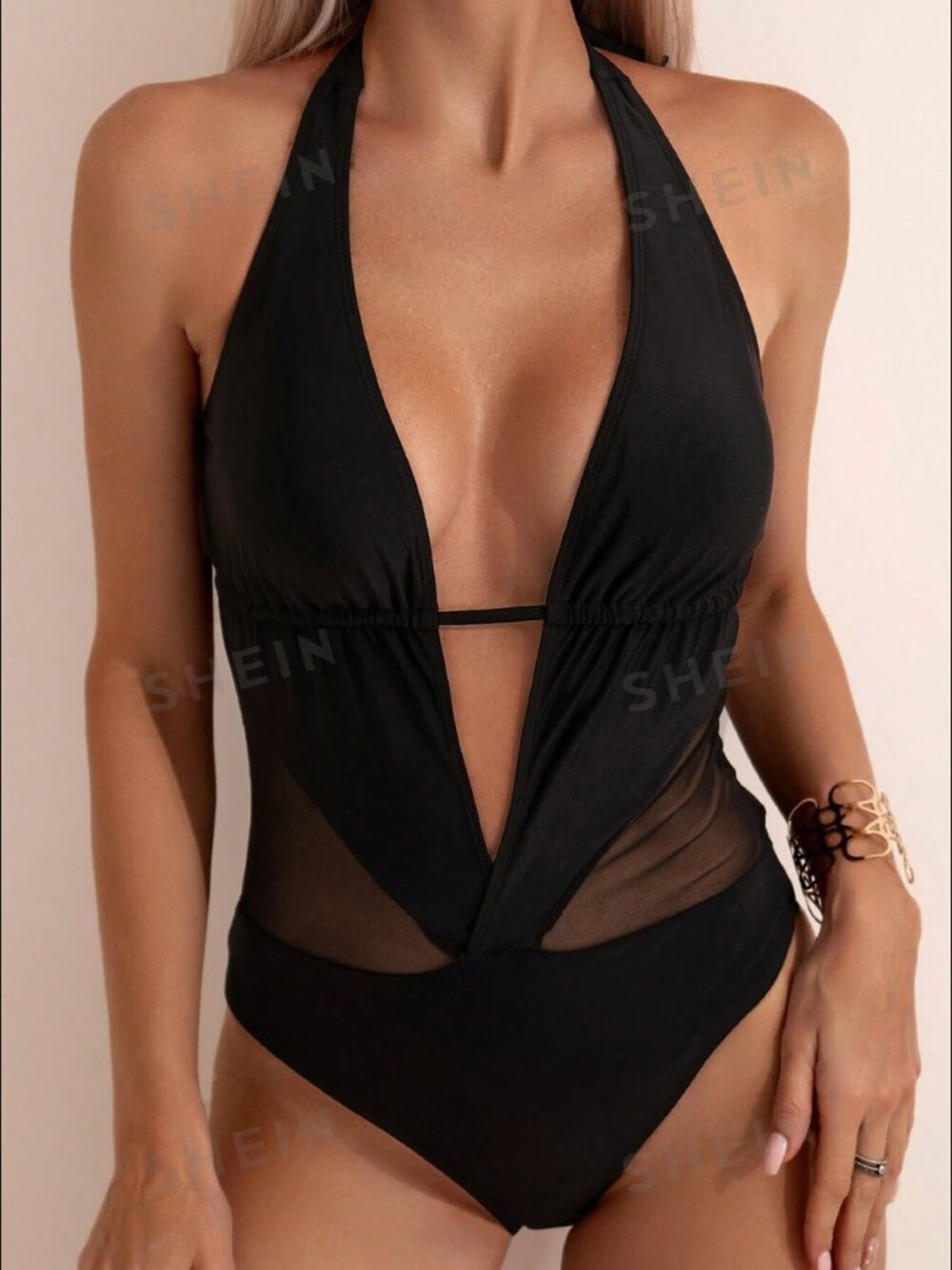 Black Deep V One Piece Swimsuit SHEIN Mesh Panel Cutout Halter Neck